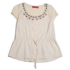 Elle Women size XS Blouse Top Beige Short Sleeve